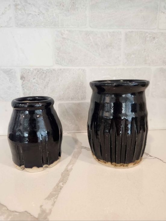 Other - Handmade Pottery Black/Midnight Blue Glazed Ribbed Vases Small & Medium Set